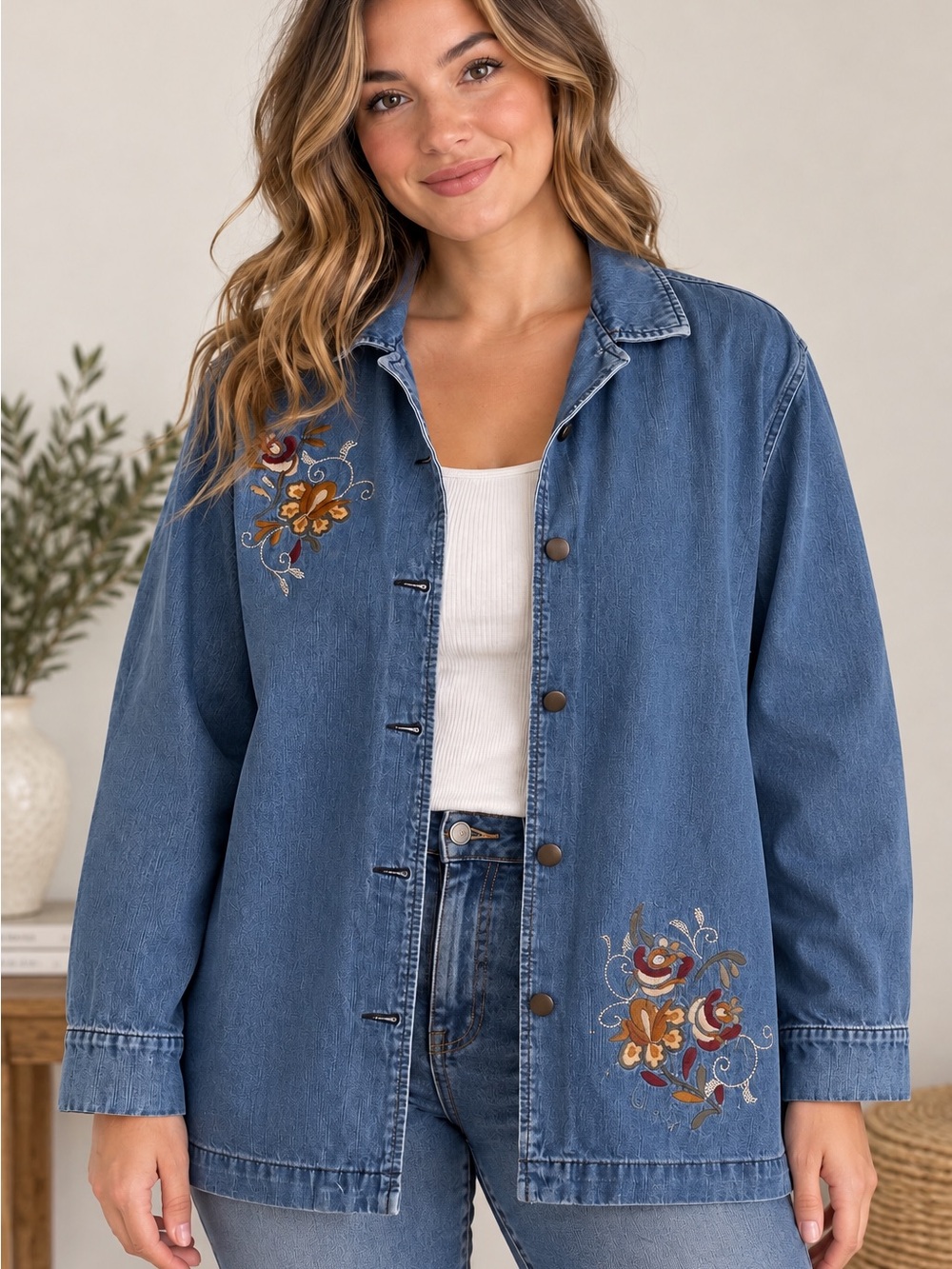 Vintage Classic Elements Medium Blue Denim Jacket with Floral Embroidery